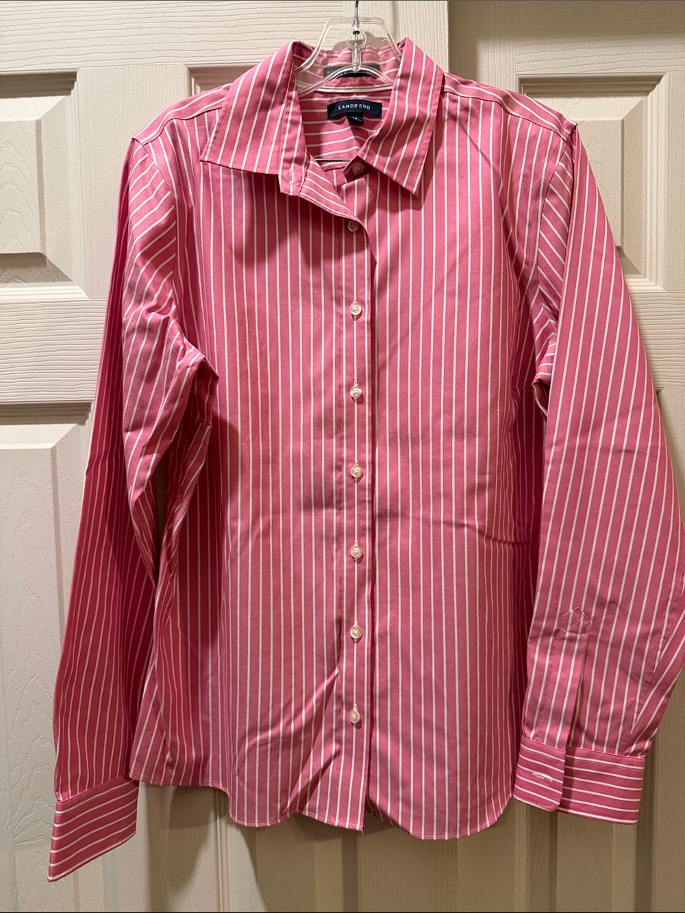 Lands' End No Iron Pink and White Striped Button-Down Shirt